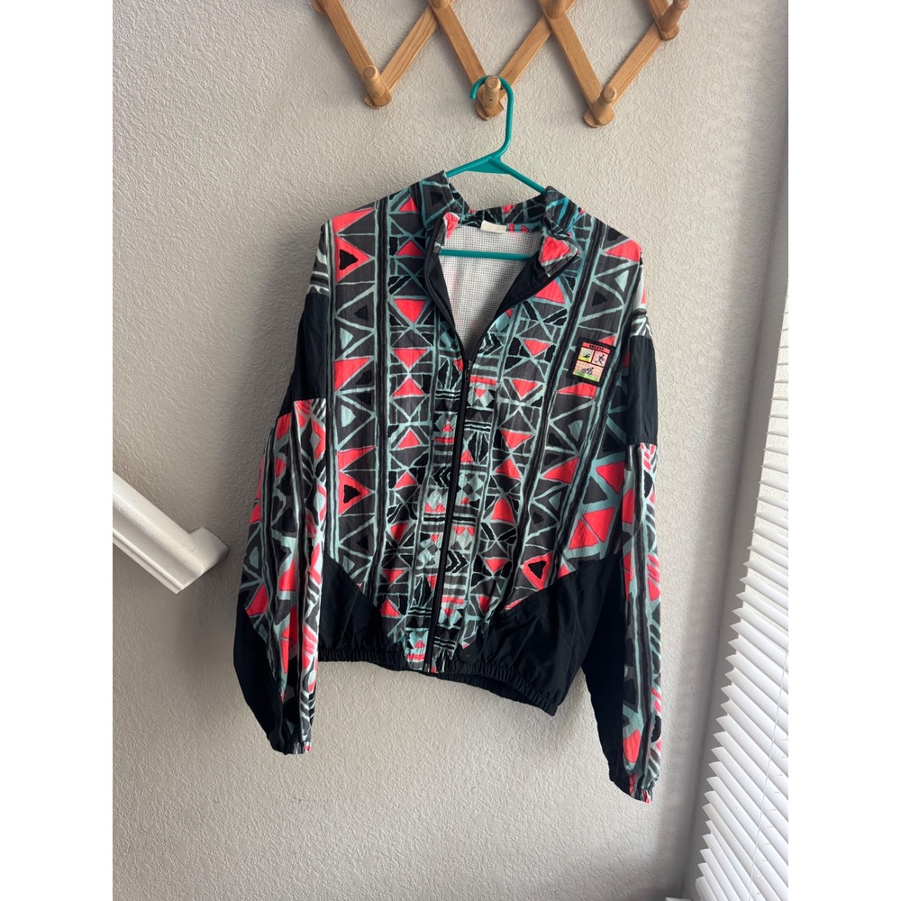 Vintage Tri-Fit 90s Windbreaker Jacket Geometric Neon Pink Teal Mens Medium USA